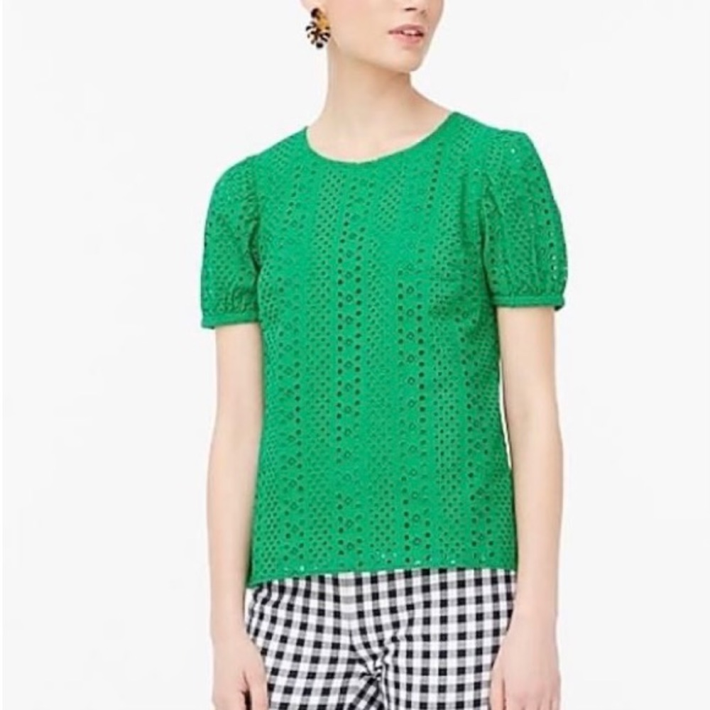 J. Crew Green Eyelet Puff Sleeve Shirt